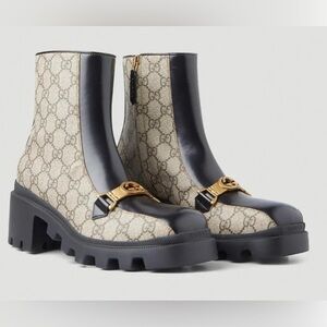 Gucci Women's Monogram Black and Beige Ankle Boots